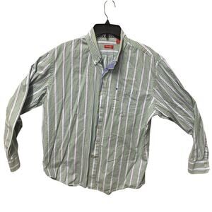 Izod Shirt Mens Large Green White Blue Striped Long Sleeve Button Down